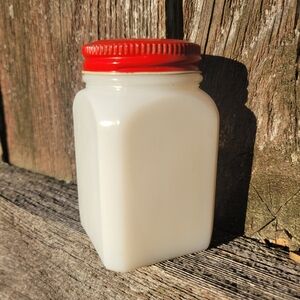 Vintage Milk Glass Spice Jar Shaker Red Lid ~ Farmhouse ~ Cottage ~ *Chip on Rim